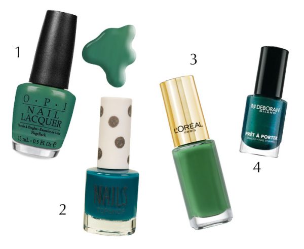 1. O.P.I, Jade is the New Black 2. Topshop, Nails in Jewelin the Crown 3. L’Oréal, Green Couture 4. Deborah Milano, Prêt à porter