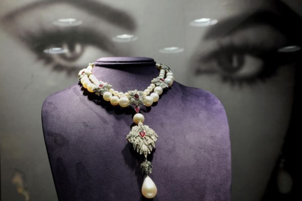 "La Peregrina", a Cartier pearl, diamond and ruby necklace owned by US actress Elizabeth Taylor.