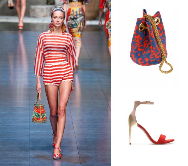 EN VACANCES: le sac exotique vu sur le défilé Dolce & Gabbana. Sac seau Claudie Pierlot, 340 euros. Escarpins Zara, 59 fr. 90.