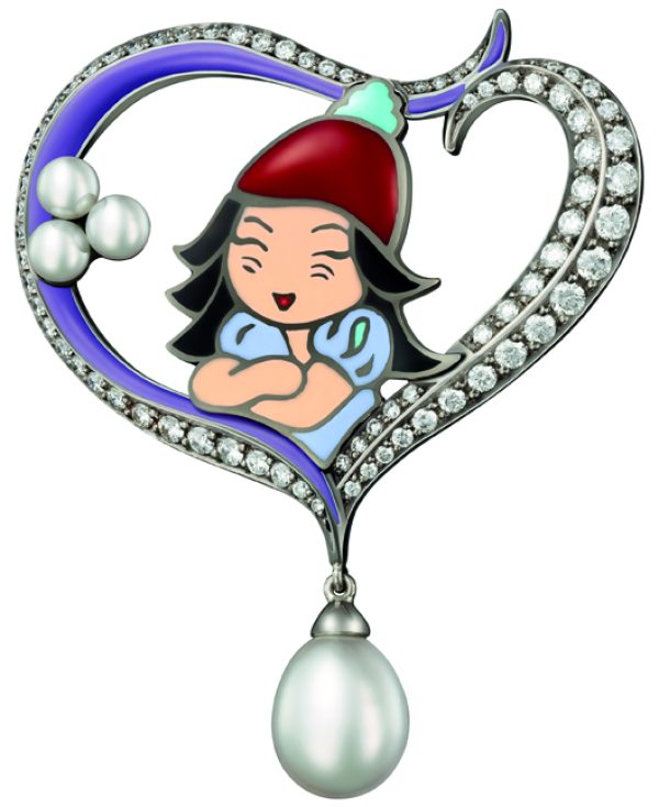 Coeur: broche en or blanc 18 kt émaillée, sertie de 70 diamants et de perles de culture. Prix publique, 9700 Sfr.