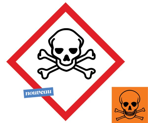 Le symbole «danger» (jusqu’ici sur fond orange) va être remplacé par le pictogramme encadré de rouge. Il sera présent sur les produits chimiques pouvant, même en très petites quantités, avoir de graves effets sur la santé et entraîner la mort.