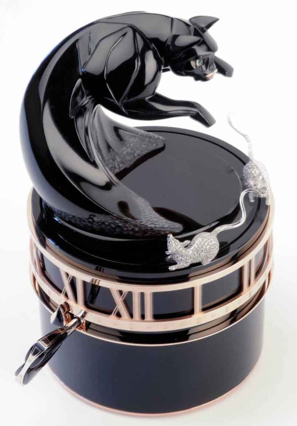 Pendule automate en Onyx dessinée pour Pamiginai par Alexia Steunou en hommage au sculpteur animalier Edouard-Marcel Sandoz.