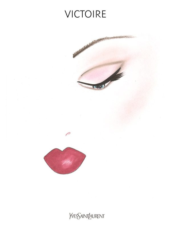 Le croquis du look make-up de Victoire Doutreleau (Charlotte Le Bon), dessiné par Stéphane Zielkowski, National Make-up Artist, pour Yves Saint Laurent Beauté.