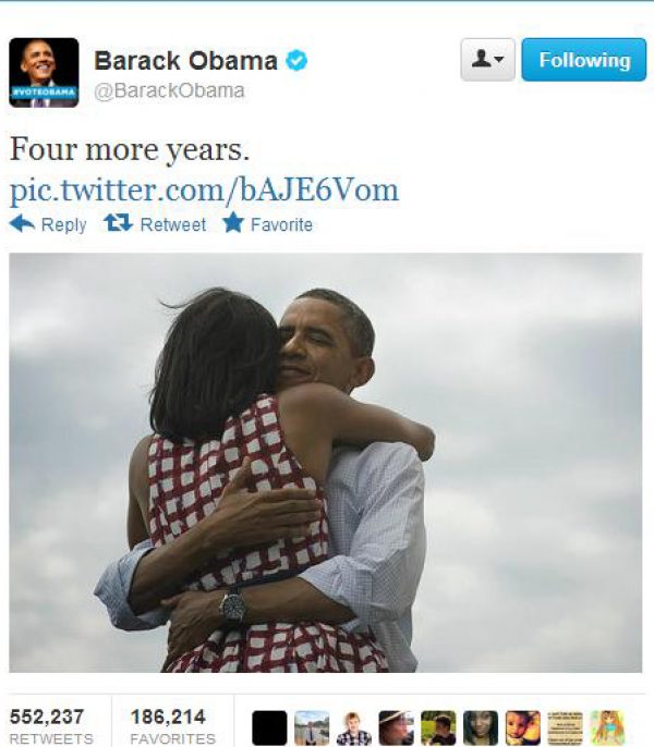 Le tweet de Barack Obama annonçant sa réélection.