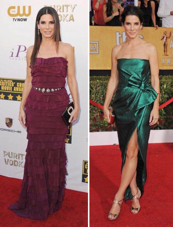 Waouh: <b>Sandra Bullock</b> est à tomber dans sa robe verte! Et on adore la voir avec ses cheveux relevés.
