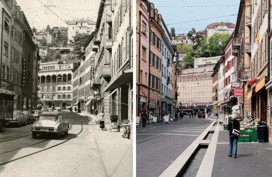 La rue du Seyon, à cinquante ans d’intervalle: la belle Citroën DS a disparu, de même que les voies du tramway. Et le bâtiment qui abritait la Grande Brasserie a été démoli, en 1974, pour faire place à un parking. En revanche, un ruau a fait son